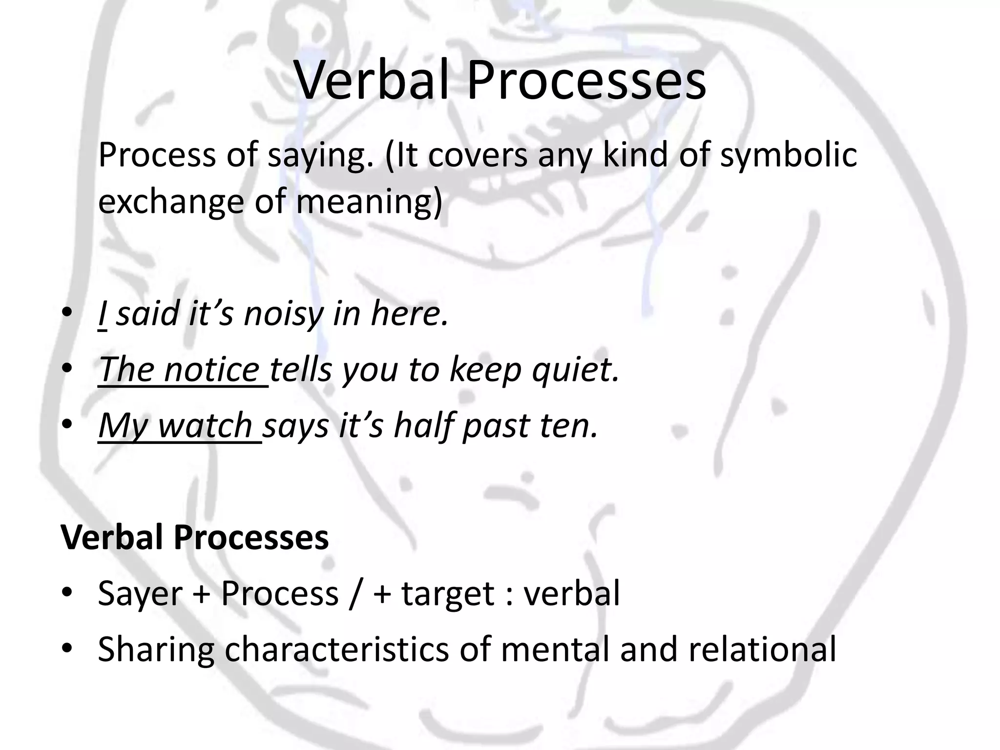 Verbal Processes
  Process of saying. (It covers any kind of symbolic
  exchange of meaning)

• I said it’s noisy in here.
• The notice tells you to keep quiet.
• My watch says it’s half past ten.

Verbal Processes
• Sayer + Process / + target : verbal
• Sharing characteristics of mental and relational
 