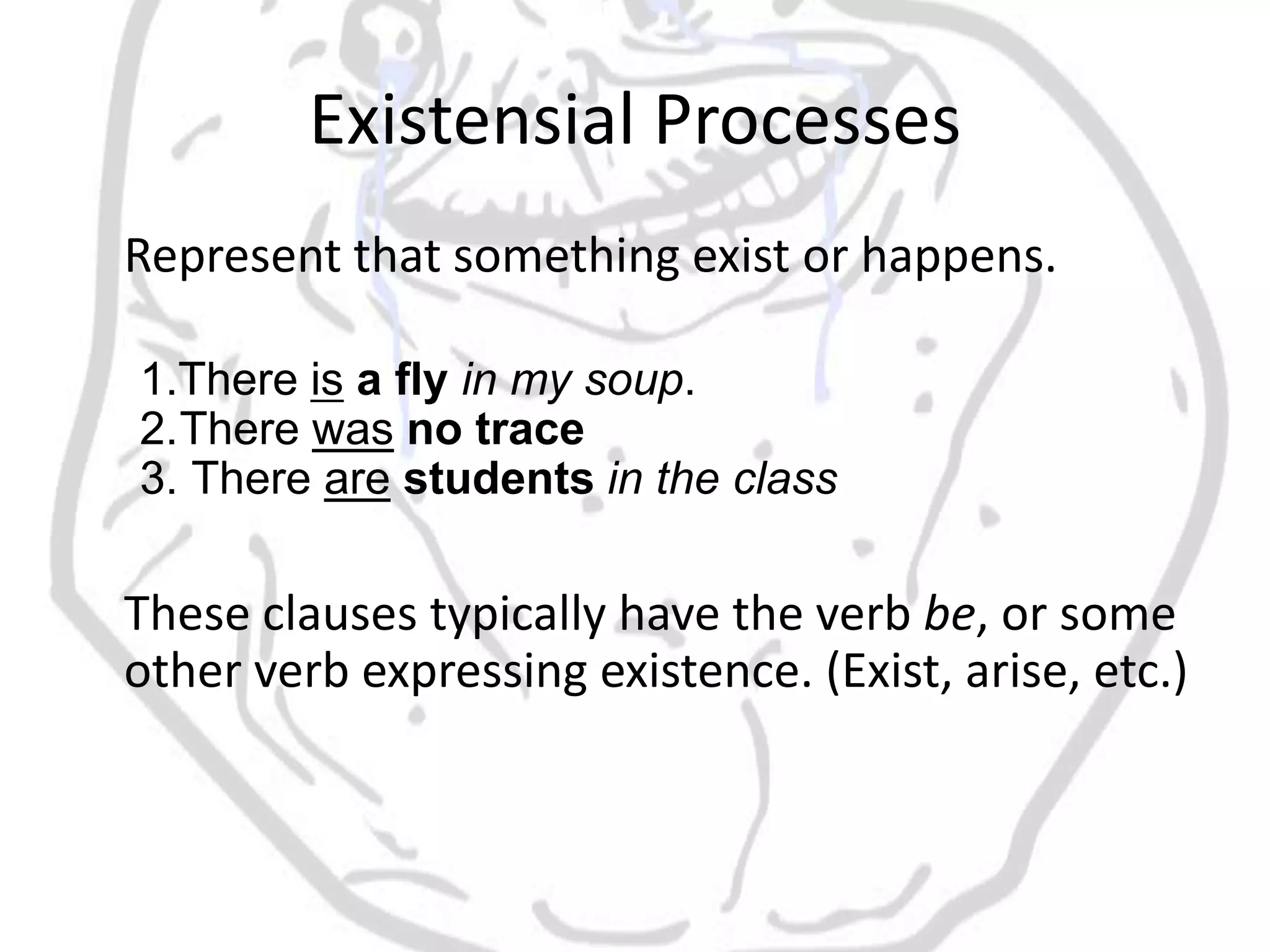 Existensial Processes
Represent that something exist or happens.

1.There is a fly in my soup.
2.There was no trace
3. There are students in the class

These clauses typically have the verb be, or some
other verb expressing existence. (Exist, arise, etc.)
 