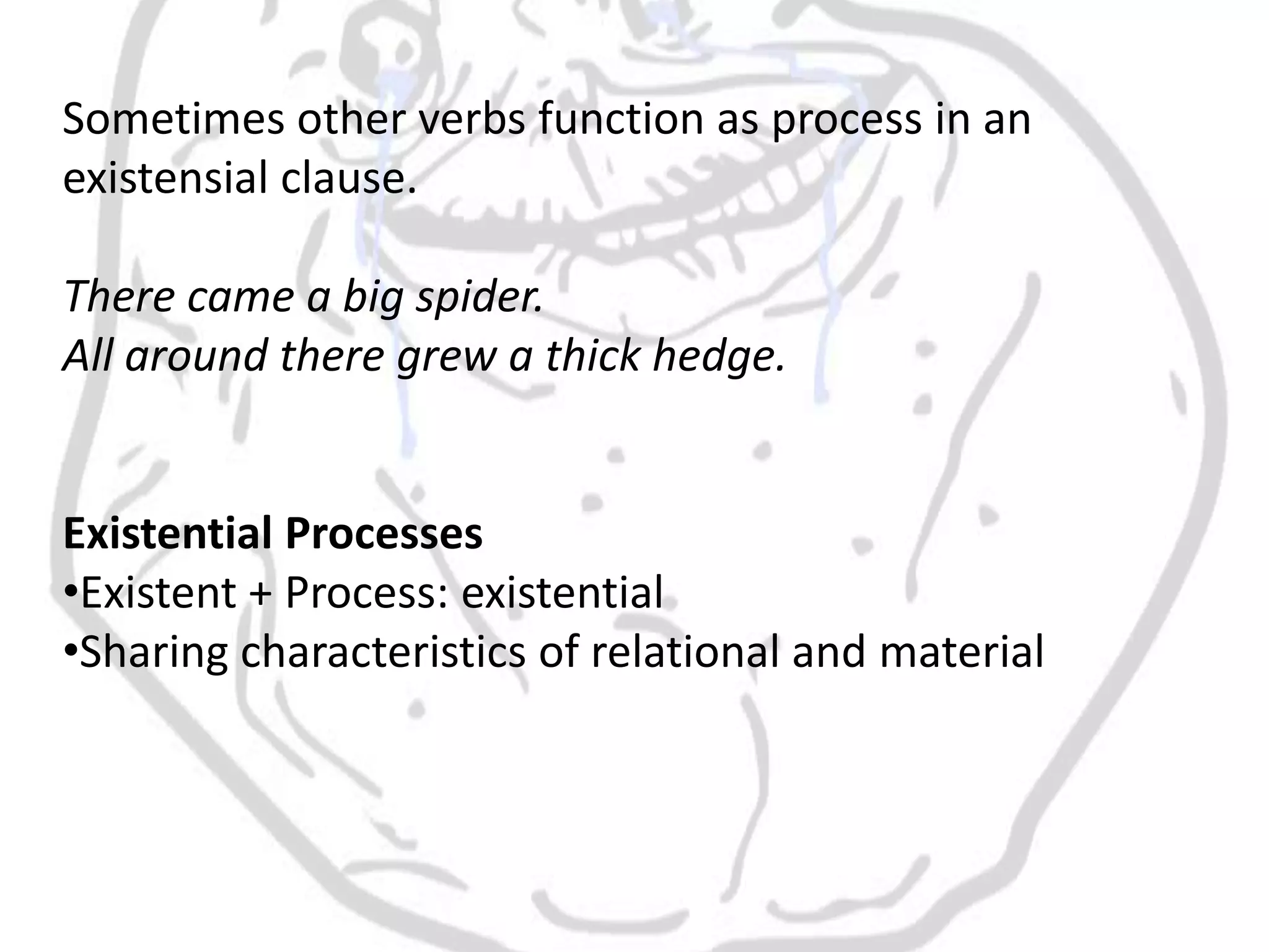 Sometimes other verbs function as process in an
existensial clause.

There came a big spider.
All around there grew a thick hedge.


Existential Processes
•Existent + Process: existential
•Sharing characteristics of relational and material
 