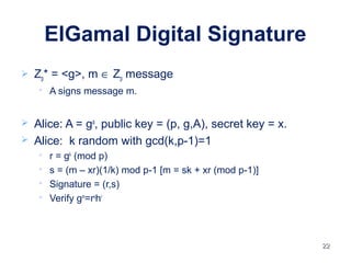 2222
ElGamal Digital Signature
 Zp* = <g>, m ∈ Zp message

A signs message m.
 Alice: A = ga
, public key = (p, g,A), secret key = x.
 Alice: k random with gcd(k,p-1)=1

r = gk
(mod p)

s = (m – xr)(1/k) mod p-1 [m = sk + xr (mod p-1)]

Signature = (r,s)

Verify gm
=rs
hr
 