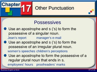 Other Punctuation

                           Possessives
         Use an apostrophe and s (’s) to form the
         possessive of a singular noun.
        Jean’s report      manager’s e-mail
         Use an apostrophe and s (’s) to form the
         possessive of an irregular plural noun.
        women’s speeches children’s perceptions
         Use an apostrophe to form the possessive of a
         regular plural noun that ends in s.
        employees’ hours   proofreaders’ marks
Business English at Work                                 PP 17-21
 