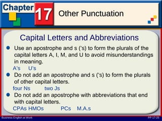 Other Punctuation

              Capital Letters and Abbreviations
         Use an apostrophe and s (’s) to form the plurals of the
         capital letters A, I, M, and U to avoid misunderstandings
         in meaning.
        A’s U’s
         Do not add an apostrophe and s (’s) to form the plurals
         of other capital letters.
        four Ns        two Js
         Do not add an apostrophe with abbreviations that end
         with capital letters.
        CPAs HMOs              PCs M.A.s
Business English at Work                                       PP 17-25
 