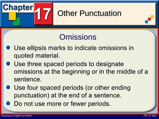Other Punctuation

                           Omissions
         Use ellipsis marks to indicate omissions in
         quoted material.
         Use three spaced periods to designate
         omissions at the beginning or in the middle of a
         sentence.
         Use four spaced periods (or other ending
         punctuation) at the end of a sentence.
         Do not use more or fewer periods.
Business English at Work                               PP 17-46a
 
