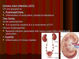 Urinary tract infection (UTI)Urinary tract infection (UTI)
UTI are grouped asUTI are grouped as
1. Pyelonephritsis1. Pyelonephritsis
 Inflammation of renal pelvis, tubules & interstitiumInflammation of renal pelvis, tubules & interstitium
Two formsTwo forms
Acute pyelonephritisAcute pyelonephritis
 It is caused by bacteria & is a renal lesion of UTIIt is caused by bacteria & is a renal lesion of UTI
Chronic PyelonephritisChronic Pyelonephritis
 Bacterial infection associated with vesico-uretal reflux (backflow)&Bacterial infection associated with vesico-uretal reflux (backflow)&
obstructionobstruction
2.2. CystitisCystitis
 Inflammation of Urinary bladderInflammation of Urinary bladder
11
 
