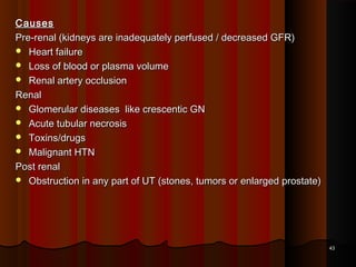 CausesCauses
Pre-renal (kidneys are inadequately perfused / decreased GFR)Pre-renal (kidneys are inadequately perfused / decreased GFR)
 Heart failureHeart failure
 Loss of blood or plasma volumeLoss of blood or plasma volume
 Renal artery occlusionRenal artery occlusion
RenalRenal
 Glomerular diseases like crescentic GNGlomerular diseases like crescentic GN
 Acute tubular necrosisAcute tubular necrosis
 Toxins/drugsToxins/drugs
 Malignant HTNMalignant HTN
Post renalPost renal
 Obstruction in any part of UT (stones, tumors or enlarged prostate)Obstruction in any part of UT (stones, tumors or enlarged prostate)
4343
 