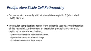 Proliferative Sickle Cell Retinopathy
• Occurs most commonly with sickle cell–hemoglobin C (also called
HbSC) disease.
• The ocular complications result from ischemia secondary to infarction
of the retinal tissue by means of arteriolar, precapillary arteriolar,
capillary, or venular occlusions;
→they include retinal neovascularization,
→preretinal or vitreous hemorrhage,
→and traction retinal detachment
 