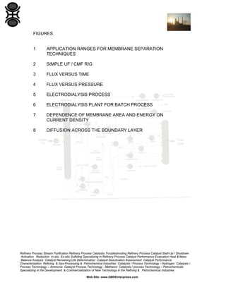 FIGURES

1

APPLICATION RANGES FOR MEMBRANE SEPARATION
TECHNIQUES

2

SIMPLE UF / CMF RIG

3

FLUX VERSUS TIME

4

FLUX VERSUS PRESSURE

5

ELECTRODIALYSIS PROCESS

6

ELECTRODIALYSIS PLANT FOR BATCH PROCESS

7

DEPENDENCE OF MEMBRANE AREA AND ENERGY ON
CURRENT DENSITY

8

DIFFUSION ACROSS THE BOUNDARY LAYER

Refinery Process Stream Purification Refinery Process Catalysts Troubleshooting Refinery Process Catalyst Start-Up / Shutdown
Activation Reduction In-situ Ex-situ Sulfiding Specializing in Refinery Process Catalyst Performance Evaluation Heat & Mass
Balance Analysis Catalyst Remaining Life Determination Catalyst Deactivation Assessment Catalyst Performance
Characterization Refining & Gas Processing & Petrochemical Industries Catalysts / Process Technology - Hydrogen Catalysts /
Process Technology – Ammonia Catalyst Process Technology - Methanol Catalysts / process Technology – Petrochemicals
Specializing in the Development & Commercialization of New Technology in the Refining & Petrochemical Industries
Web Site: www.GBHEnterprises.com

 