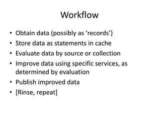 Workflow
• Obtain data (possibly as ‘records’)
• Store data as statements in cache
• Evaluate data by source or collection
• Improve data using specific services, as
determined by evaluation
• Publish improved data
• [Rinse, repeat]
 