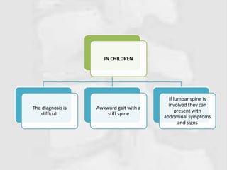 IN CHILDREN
The diagnosis is
difﬁcult
Awkward gait with a
stiff spine
If lumbar spine is
involved they can
present with
abdominal symptoms
and signs
 