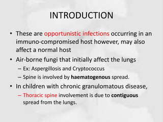 INTRODUCTION
• These are opportunistic infections occurring in an
immuno-compromised host however, may also
affect a normal host
• Air-borne fungi that initially affect the lungs
– Ex: Aspergillosis and Cryptococcus
– Spine is involved by haematogenous spread.
• In children with chronic granulomatous disease,
– Thoracic spine involvement is due to contiguous
spread from the lungs.
 