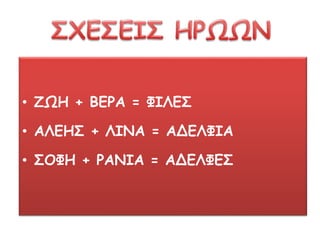 • ΖΩΗ + ΒΕΡΑ = ΦΙΛΕΣ
• ΑΛΕΗΣ + ΛΙΝΑ = ΑΔΕΛΦΙΑ
• ΣΟΦΗ + ΡΑΝΙΑ = ΑΔΕΛΦΕΣ
 