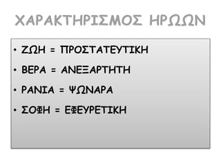 • ΖΩΗ = ΠΡΟΣΤΑΤΕΥΤΙΚΗ
• ΒΕΡΑ = ΑΝΕΞΑΡΤΗΤΗ
• ΡΑΝΙΑ = ΨΩΝΑΡΑ
• ΣΟΦΗ = ΕΦΕΥΡΕΤΙΚΗ
 