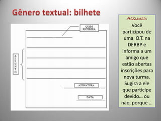 Assunto:
     Você
 participou de
  uma O.T. na
    DERBP e
 informa a um
   amigo que
 estão abertas
inscrições para
  nova turma.
  Sugira a ele
 que participe
  devido… ou
nao, porque …
 