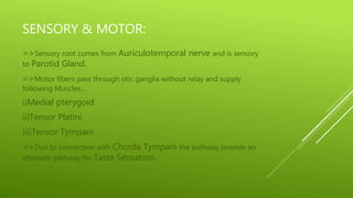 SENSORY & MOTOR:
=>Sensory root comes from Auriculotemporal nerve and is sensory
to Parotid Gland.
=>Motor fibers pass through otic ganglia without relay and supply
following Muscles…
i)Medial pterygoid
ii)Tensor Platini
iii)Tensor Tympani
=>Due to connection with Chorda Tympani the pathway provide an
alternate pathway for Taste Sensation.
 