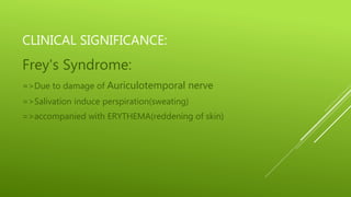 CLINICAL SIGNIFICANCE:
Frey's Syndrome:
=>Due to damage of Auriculotemporal nerve
=>Salivation induce perspiration(sweating)
=>accompanied with ERYTHEMA(reddening of skin)
 