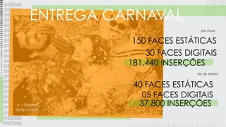 ENTREGA CARNAVAL
150 FACES ESTÁTICAS
São Paulo
Rio de Janeiro
40 FACES ESTÁTICAS
05 FACES DIGITAIS
181.440 INSERÇÕES
30 FACES DIGITAIS
1 SEMANA
26/02 a 04/03
37.800 INSERÇÕES
 