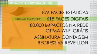 876 FACES ESTÁTICAS
615 FACES DIGITAIS
80.000 IMPACTOS NA REDE
OTIMA WI-FI GRÁTIS
ASSINATURA CONTAGEM
REGRESSIVA REVEILLON
RESUMO TOTAL PROPOSTA (SP + RJ)
3.863.760 INSERÇÕES
 