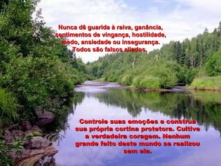 Nunca dê guarida à raiva, ganância, sentimentos de vingança, hostilidade, medo, ansiedade ou insegurança. Todos são falsos aliados.  Controle suas emoções e construa sua própria cortina protetora. Cultive a verdadeira coragem. Nenhum grande feito deste mundo se realizou sem ela. 