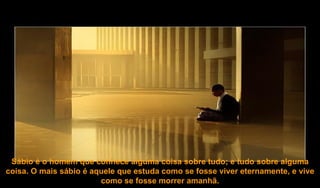   Sábio é o homem que conhece alguma coisa sobre tudo; e tudo sobre alguma coisa. O mais sábio é aquele que estuda como se fosse viver eternamente, e vive como se fosse morrer amanhã. 