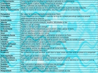 1. Conhecimento:        Forças cognitivas que envolvem a aquisição e aplicação do conhecimento
Criatividade:           Escolher pensar e aplicar formas inovadoras de actuação
Curiosidade             Manter o interesse nas experiências ao longo da vida
Mente Aberta            pensar as coisas do princípio ao fim e examiná-las sob todos os pontos de vista possíveis
Amor ao Conhecimento    Investir na mestria de novas capacidades, assuntos e disciplinas do conhecimento

Perspectiva             Ser capaz de fornecer orientação esclarecida ao Outro
2. Coragem              Forças emocionais que envolvem o exercitar da força de vontade para atingir objectivos perante
                        obstáculos externos ou internos
Autenticidade           Falar verdade e actuar de forma genuína
Valentia                Apresentar vigor perante ameaças, desafios, dificuldades ou dor
Persistência            terminar o que se começa
Entusiasmo              Abordar a vida com prazer e energia
3. Humanidade           Forças humanitárias interpessoais que envolvem cuidar e apoiar O Outro
Bondade                 Cultivar a gentileza e praticar boas acções para outros
Amor                    valorizar relações próximas com outros
Inteligência Social     Estar consciente das motivações e sentimentos do próprio e do Outro
4. Justiça              Forças cívicas que promovam uma vida saudável em comunidade
Rectidão                lidar com todas as pessoas em equidade de acordo com as noções de rectidão e justiça
Liderança               Organizar actividades em grupo e garantir a sua concretização
Trabalho de Equipa      trabalhar bem como membro de um grupo e em equipa
5. Temperança           forças que protegem contra os excessos
Perdão                  capacidade de perdoar aqueles que agiram de forma incorrecta
Modéstia:               deixar que os resultados falem por si
Prudência:              Ser cuidadoso nas suas escolhas: evitar dizer ou fazer coisas que mais tarde se possa vir a arrepender
Auto-regulação:         Gerir aquilo que se sente e o que se faz
6. Transcendência       Forças que criam ligações ao universo e fornecem significado à vida
Apreciar a beleza e a   Estar atento e apreciar a beleza, excelência e/ou uma performance talentosa em qualquer domínio da
Excelência              vida
Gratidão                estar consciente e agradecer as coisas boas que acontecem
Esperança               esperar o melhor e trabalhar para conquistar isso
Humor                   cultivar o bom sentido de humor; fazer sorrir outros
Religiosidade           ter crenças coerentes sobre propósitos elevados e o sentido da vida
 