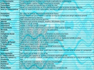 1. Conhecimento:        Forças cognitivas que envolvem a aquisição e aplicação do conhecimento
Criatividade:           Escolher pensar e aplicar formas inovadoras de actuação
Curiosidade             Manter o interesse nas experiências ao longo da vida)
Mente Aberta            pensar as coisas do princípio ao fim e examiná-las sob todos os pontos de vista possíveis
Amor ao Conhecimento    Investir na mestria de novas capacidades, assuntos e disciplinas do conhecimento

Perspectiva             Ser capaz de fornecer orientação esclarecida ao Outro)
2. Coragem              (Forças emocionais que envolvem o exercitar da força de vontade para atingir objectivos perante
                        obstáculos externos ou internos)
Autenticidade           Falar verdade e actuar de forma genuína
Valentia                Apresentar vigor perante ameaças, desafios, dificuldades ou dor
Persistência            terminar o que se começa
Entusiasmo              Abordar a vida com prazer e energia
3. Humanidade           Forças humanitárias interpessoais que envolvem cuidar e apoiar O Outro
Bondade                 Cultivar a gentileza e praticar boas acções para outros
Amor                    valorizar relações próximas com outros
Inteligência Social     Estar consciente das motivações e sentimentos do próprio e do Outro
4. Justiça              Forças cívicas que promovam uma vida saudável em comunidade
Rectidão                lidar com todas as pessoas em equidade de acordo com as noções de rectidão e justiça
Liderança               Organizar actividades em grupo e garantir a sua concretização
Trabalho de Equipa      trabalhar bem como membro de um grupo e em equipa
5. Temperança           forças que protegem contra os excessos
Perdão                  capacidade de perdoar aqueles que agiram de forma incorrecta
Modéstia:               deixar que os resultados falem por si
Prudência:              Ser cuidadoso nas suas escolhas: evitar dizer ou fazer coisas que mais tarde se possa vir a arrepender
Auto-regulação:         Gerir aquilo que se sente e o que se faz
6. Transcendência       Forças que criam ligações ao universo e fornecem significado à vida
Apreciar a beleza e a   Estar atento e apreciar a beleza, excelência e/ou uma performance talentosa em qualquer domínio da
Excelência              vida
Gratidão                estar consciente e agradecer as coisas boas que acontecem
Esperança               esperar o melhor e trabalhar para conquistar isso
Humor                   cultivar o bom sentido de humor; fazer sorrir outros
Religiosidade           ter crenças coerentes sobre propósitos elevados e o sentido da vida
 