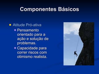 Componentes Básicos Atitude Pró-ativa Pensamento orientado para a ação e solução de problemas. Capacidade para correr riscos com otimismo realista.   