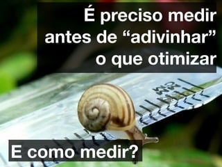 É preciso medir
   antes de “adivinhar”
         o que otimizar




E como medir?
 