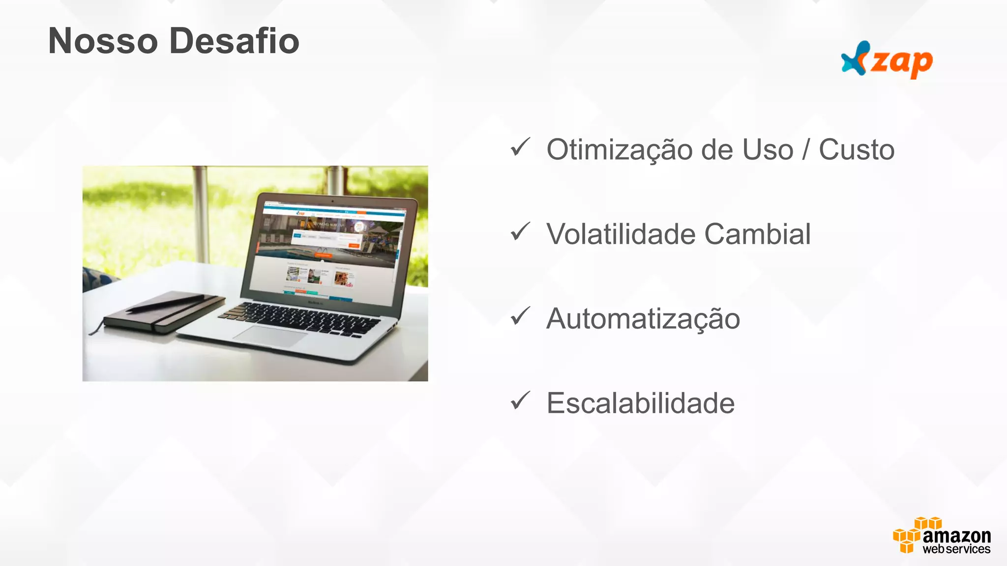 Nosso Desafio
 Otimização de Uso / Custo
 Volatilidade Cambial
 Automatização
 Escalabilidade
 