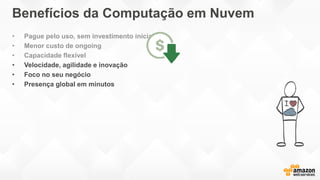 Benefícios da Computação em Nuvem
• Pague pelo uso, sem investimento inicial
• Menor custo de ongoing
• Capacidade flexível
• Velocidade, agilidade e inovação
• Foco no seu negócio
• Presença global em minutos
 