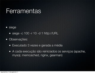 Ferramentas

               siege
                      siege -c 100 -r 10 -d 1 http://URL
               Observações:
                      Executado 3 vezes e gerada a média
                      A cada execução são reiniciados os serviços (apache,
                      mysql, memcached, nginx, gearman)




segunda-feira, 15 de agosto de 11
 