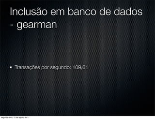 Inclusão em banco de dados
          - gearman


               Transações por segundo: 109,61




segunda-feira, 15 de agosto de 11
 