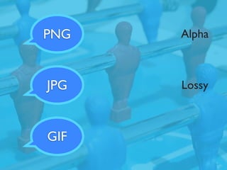 PNG8
PNG             Alpha
      PNG32



JPG             Lossy



GIF           Animações
 