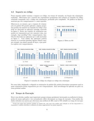 4.2 Impacto no código
Nossa segunda análise examina o impacto no código, em termos de tamanho, em função das otimizações
realizadas. Observamos que a maioria dos experimentos produziram uma redução no tamanho do código
otimizado comparado com o código sem otimizações, produzido pelo compilador. Os gracos na gura 3
mostram que este comportamento é o mais esperado.
Figura 2: Efeito no O3
Observou-se, no entanto, que o conjunto de otimiza-
ções do padrão O3 quando aplicado a alguns progra-
mas produz um aumento no tamanho do código como
pode ser observado na aplicação omnetpp, mostrado
na gura 2. Existe um conjunto de otimizações que
podem ser responsáveis por este aumento como, por
exemplo, loop unrolling
4 Este comportamento tam-
bém foi observado nas aplicações gcc e milc mostradas
na gura 4. Uma análise das aplicações poderia
mostrar se as mesmas guardam alguma relação como,
por exemplo, um número grande de laços, o que pode-
ria explicar este comportamento.
(a) Astar (b) bzip2 (c) dealII
(d) mcf (e) h264ref (f) libquantum
Figura 3: tamanho do código em relação ao código sem otimização
Por outro lado, desligando e religando as otimizações do padrão O3, poderia determinar exatamente qual ou
quais otimizações foram responsáveis por este comportamento. Esta metodologia foi aplicada em parte na
nossa próxima análise.
4.3 Tempo de Execução
Esta é sem dúvida a análise mais importante porque estamos geralmente interessados na melhoria de desem-
penho de nossas aplicações e isto normalmente reete diretamente no tempo de execução. Uma análise dos
dados coletados nos mostra que obtivemos uma melhora de 29% (mcf ) à 70% (delaII ) no tempo de execução
4Como este passo esta presente também no padrão O2, cabe aqui uma análise mais renada se de fato loop-unroll é o
responsável e também identicar a inuência do passo argpromotion nos passos seguintes.
6
 