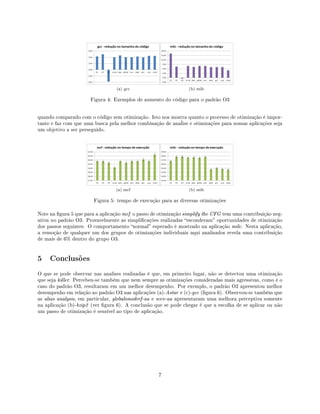 (a) gcc (b) milc
Figura 4: Exemplos de aumento do código para o padrão O3
quando comparado com o código sem otimização. Isto nos mostra quanto o processo de otimização é impor-
tante e faz com que uma busca pela melhor combinação de ana¨ise e otimizações para nossas aplicações seja
um objetivo a ser perseguido.
(a) mcf (b) milc
Figura 5: tempo de execução para as diversas otimizações
Note na gura 5 que para a aplicação mcf o passo de otimização simplify the CFG tem uma contribuição neg-
ativa no padrão O3. Provavelmente as simplicações realizadas esconderam oportunidades de otimização
dos passos seguintes. O comportamento normal esperado é mostrado na aplicação milc. Nesta aplicação,
a remoção de qualquer um dos grupos de otimizações individuais aqui analisados revela uma contribuição
de mais de 6% dentro do grupo O3.
5 Conclusões
O que se pode observar nas analises realizadas é que, em primeiro lugar, não se detectou uma otimização
que seja killer. Percebeu-se também que nem sempre as otimizações consideradas mais agressivas, como é o
caso do padrão O3, resultaram em um melhor desempenho. Por exemplo, o padrão O2 apresentou melhor
desempenho em relação ao padrão O3 nas aplicações (a)-Astar e (c)-gcc (gura 6). Observou-se também que
as alias analysis, em particular, globalsmodref-aa e scev-aa apresentaram uma melhora perceptiva somente
na aplicação (b)-bzip2 (ver gura 6). A conclusão que se pode chegar é que a escolha de se aplicar ou não
um passo de otimização é sensível ao tipo de aplicação.
7
 