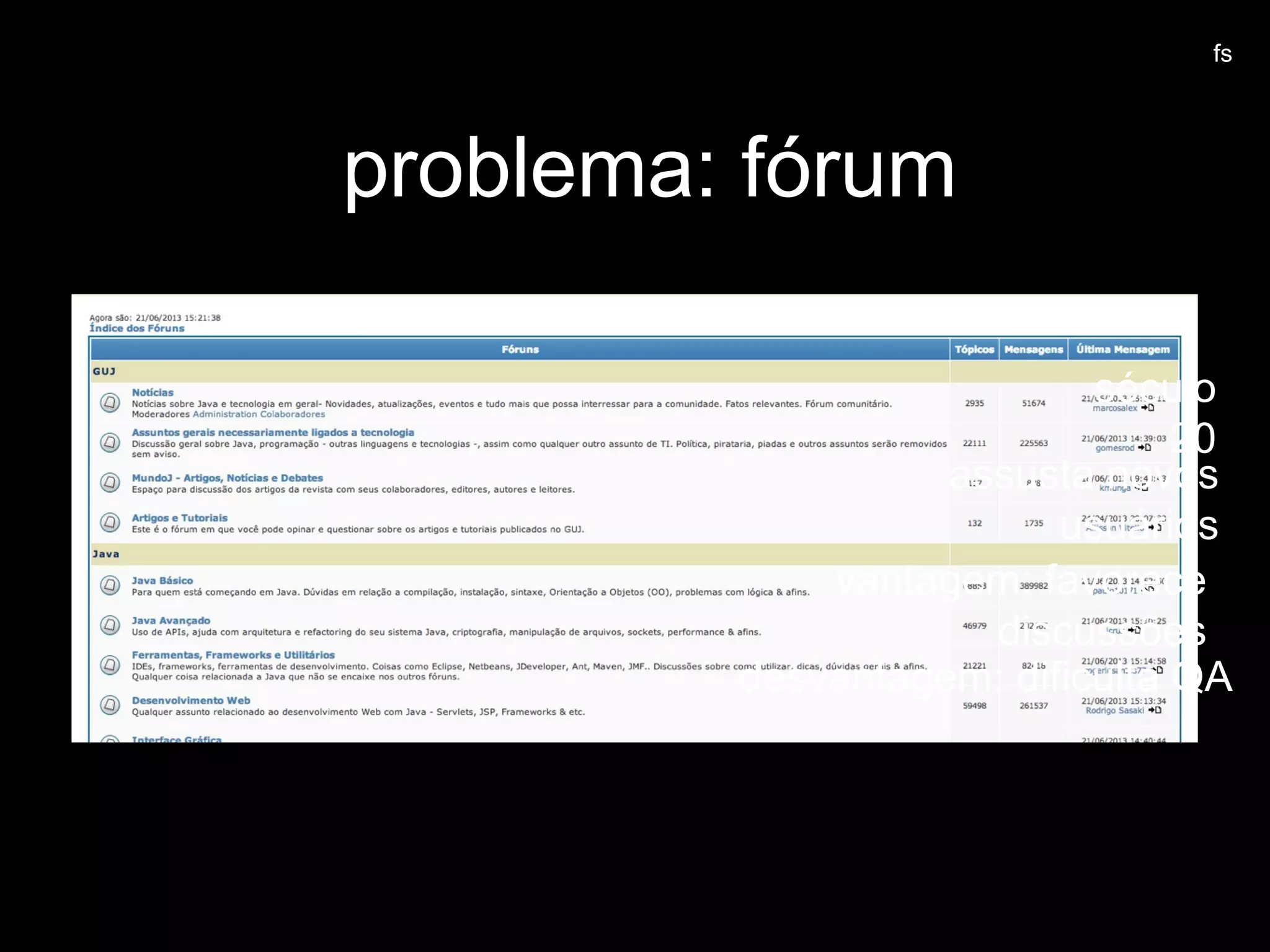 problema: fórum
fs
assusta novos
usuários
século
20
vantagem: favorece
discussões
desvantagem: dificulta QA
 