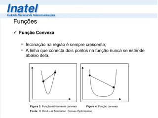Funções Função Convexa Inclinação na região é sempre crescente; A linha que conecta dois pontos na função nunca se estende abaixo dela. Figura 3:  Função estritamente convexa   Figura 4:  Função convexa Fonte:  H. Hindi – A Tutorial on  Convex Optimization 