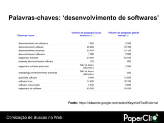 Palavras-chaves: ‘desenvolvimento de softwares’




                              Fonte: https://adwords.google.com/select/KeywordToolExternal



Otimização de Buscas na Web
 