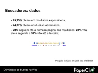 Buscadores: dados

     - 75,93% clicam em resultados espontâneos;
     - 24,07% clicam nos Links Patrocinados;
     - 20% seguem até a primeira página dos resultados, 28% vão
     até a segunda e 52% vão até a terceira;




                                        Pesquisa realizada em 2009 pela WBI Brasil



Otimização de Buscas na Web
 