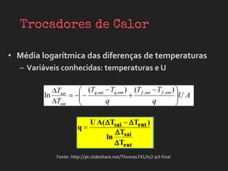 • Média logarítmica das diferenças de temperaturas
– Variáveis conhecidas: temperaturas e U
Fonte: http://pt.slideshare.net/Thomas741/tc2-p3-final
 