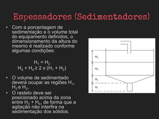 • Com a porcentagem de
sedimentação e o volume total
do equipamento definidos, o
dimensionamento da altura do
mesmo é realizado conforme
algumas condições:
H1 = H2
H3 + H4 ≥ 2 x (H1 + H2)
• O volume de sedimentado
deverá ocupar as regiões H1,
H2 e H3.
• O rastelo deve ser
posicionado acima da zona
entre H3 + H4, de forma que a
agitação não interfira na
sedimentação dos sólidos.
 