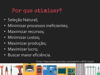 • Seleção Natural;
• Minimizar processos ineficientes;
• Maximizar recursos;
• Minimizar custos;
• Maximizar produção;
• Maximizar lucro;
• Buscar maior eficiência.
Fonte: https://www.youtube.com/watch?v=n8TA-Jr5sLk
 