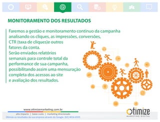 Faremos a gestão e monitoramento contínuo da campanha
analisando os cliques, as impressões, conversões,
CTR (taxa de cliques)e outros
fatores da conta.
Serão enviados relatórios
semanais para controle total da
performance de sua campanha,
possibilitando assim uma mensuração
completa dos acessos ao site
e avaliação dos resultados.
MONITORAMENTO DOS RESULTADOS
www.o mizemarke ng.com.br
alto impacto | baixo custo | marke ng direcionado
O mize os resultados da sua empresa através do Google: (62) 4016-6555
 