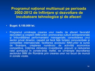 Programul naţional multianual pe perioada 2002-2012 de înfiinţare şi dezvoltare de incubatoare tehnologice şi de afaceri Buget: 6.150 .000  lei.    Programul urmăreşte crearea unui mediu de afaceri favorabil dezvoltării şi creşterii IMM-urilor; promovarea culturii antreprenoriale şi îmbunătăţirea performanţelor manageriale; consolidarea unui sector privat dinamic, capabil să facă faţă forţelor concurenţiale şi competiţiei internaţionale; facilitarea accesului IMM-urilor la surse de finanţare, creşterea numărului de activităţi economice competitive, întărirea climatului investiţional, precum şi reducerea ratei şomajului în zonele-ţintă. Astfel, se urmăreşte dezvoltarea sectorului IMM din România prin crearea unor noi locuri de muncă in zonele vizate.  