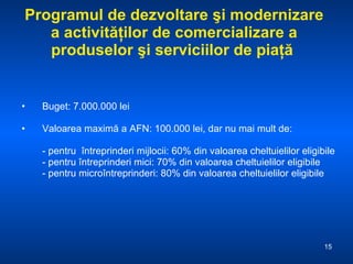 Programul de dezvoltare şi modernizare a activităţilor de comercializare a produselor şi serviciilor de piaţă   Buget: 7.000 .000  lei Valoarea maximă a AFN: 100.000 lei, dar nu mai mult de: - pentru  întreprinderi mijlocii: 60% din valoarea cheltuielilor eligibile - pentru întreprinderi mici: 70% din valoarea cheltuielilor eligibile - pentru microîntreprinderi: 80% din valoarea cheltuielilor eligibile 