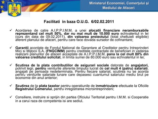Facilitati   in baza O.U.G.  6/02.02.2011 Acordarea de catre A.I.P.P.I.M.M. a unei  alocatii financiare nerambursabile reprezentand cel mult  5 0%, dar nu mai mult de 10.000 euro  echivalentul in lei  (curs din data de 09.02.2011) ,  din valoarea proiectului   (total cheltuieli eligibile)  aferent planului de afaceri, pentru care face dovada surselor de cofinantare ; Garantii  acordate de Fondul National de Garantare al Creditelor pentru Intreprinderi Mici si Mijlocii S.A.  (FNGCIMM)  pentru creditele contractate de beneficiari in vederea realizarii planurilor de afaceri acceptate de A.I.P.P.I.M.M,  pana la cel mult 80% din valoarea creditului solicitat , in limita sumei de 80.000 euro sau echivalentul in lei; Scutirea de la plata contributiilor de asigurari sociale  datorate de  angajatori,  potrivit legii,  pentru  veniturile aferente timpului lucrat de  cel mult 4 (patru) salariati , angajati pe perioada nedeterminata. Pentru fiecare salariat, scutirea nu se acorda pentru veniturile salariale lunare care depasesc cuantumul salariului mediu brut pe economie din anul anterior; Scutirea  de la  plata taxelor  pentru operatiunile de  inmatriculare  efectuate la Oficiile  Registrului Comerului , pentru inregistrarea microintreprinderii; Consiliere, instruire si sprijin din partea Oficiului Teritorial pentru I.M.M. si Cooperatie in a carui raza de competenta isi are sediul . Ministerul Economiei, Comerţului şi Mediului de Afaceri   