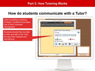 Part 2: How Tutoring Works
How do students communicate with a Tutor?
Upon accepting a tutoring
invitation, students must allow
use of their computer
microphone.
Students should then be able
to hear and talk to the Tutor
through their headset and
microphone.
 