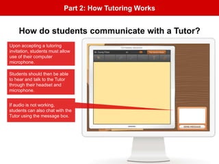 Part 2: How Tutoring Works
Upon accepting a tutoring
invitation, students must allow
use of their computer
microphone.
Students should then be able
to hear and talk to the Tutor
through their headset and
microphone.
If audio is not working,
students can also chat with the
Tutor using the message box.
How do students communicate with a Tutor?
 