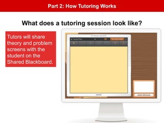 Part 2: How Tutoring Works
Tutors will share
theory and problem
screens with the
student on the
Shared Blackboard.
What does a tutoring session look like?
 