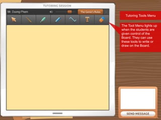 The Tool Menu lights up
when the students are
given control of the
Board. They can use
these tools to write or
draw on the Board.
Tutoring Tools Menu
 
