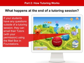 Part 2: How Tutoring Works
If your students
have any questions
outside of a tutoring
session, they can
email their Tutors
(with your
permission) using
the Mail Box in
Foundations.
What happens at the end of a tutoring session?
 